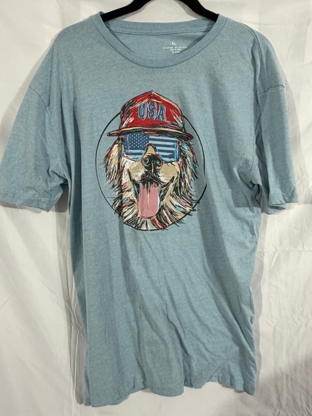 Men's USA Patriotic Dog Graphic T-Shirt Size XL Light Blue Short Sleeve